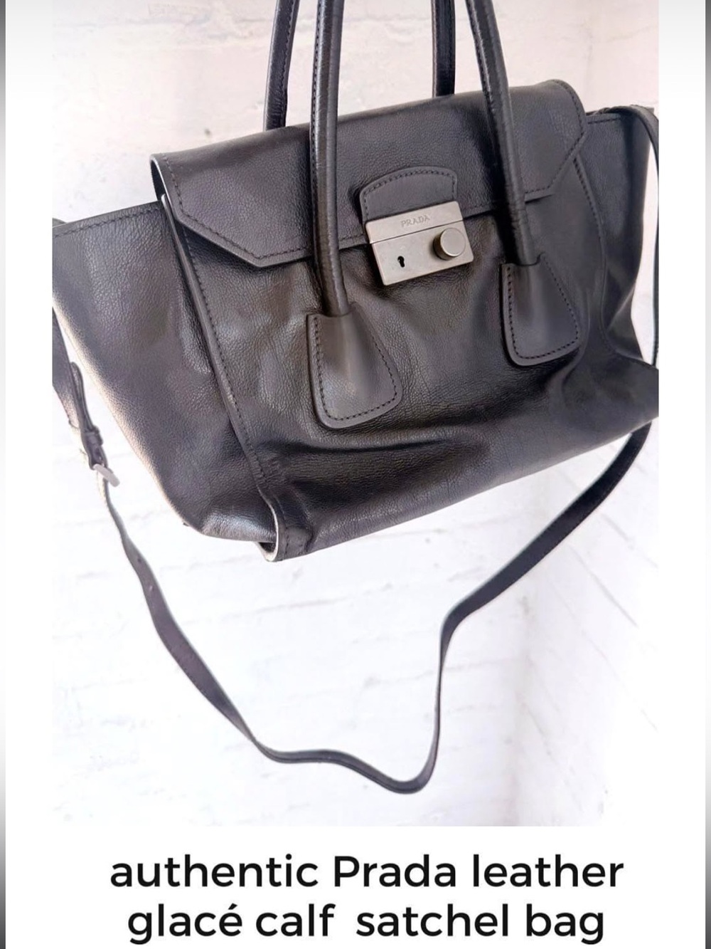 Prada Glacé Calf Leather Satchel Tote Bag | Black | Shoulder Bag | Authentic
